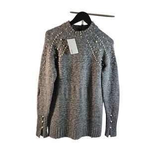 Kensie Womens Grey Pearl Embellished Mock Neck Knit Sweater Small New With Tags